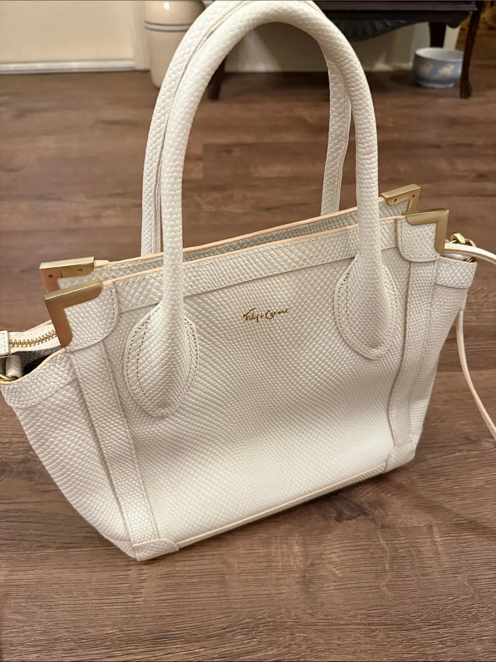 Foley + Corinna Mini Shopper Ivory Textured Tote with Gold Accents